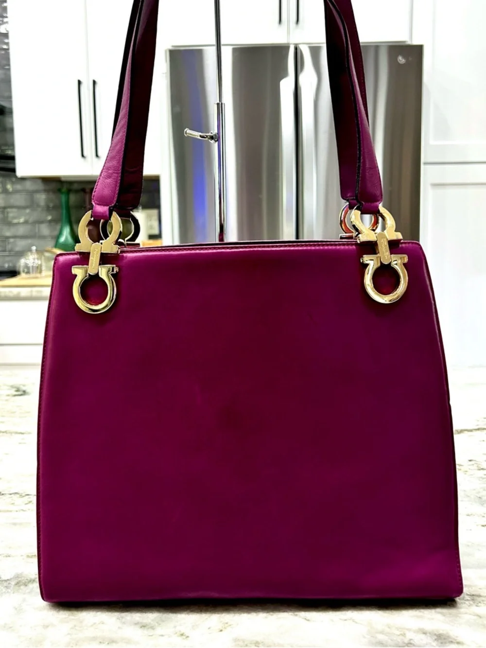 Salvatore Ferragamo Authentic Deep Purple Leather Structured Shoulder Bag - Picture 2 of 14